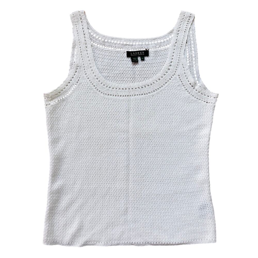 Lauren Ralph Lauren White Scoop Neck Knit Crocheted Linen Tank Top Size M